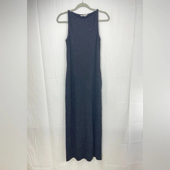 ALEXIA ADMOR Black Stretch Knit HIGH NECK Sleeveless BEADED Maxi Bodycon Dress M - Picture 1 of 11